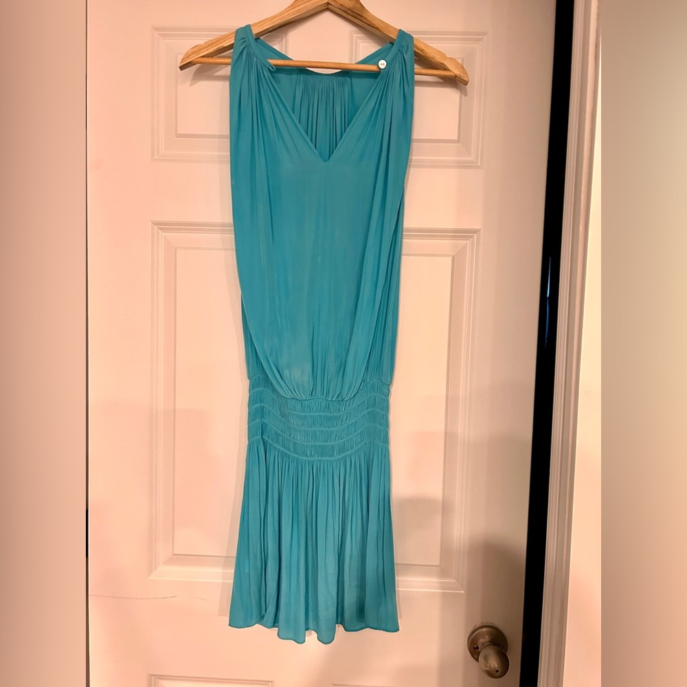 Ramy Brook Blue Ruched V-Neck Cocktail Gown